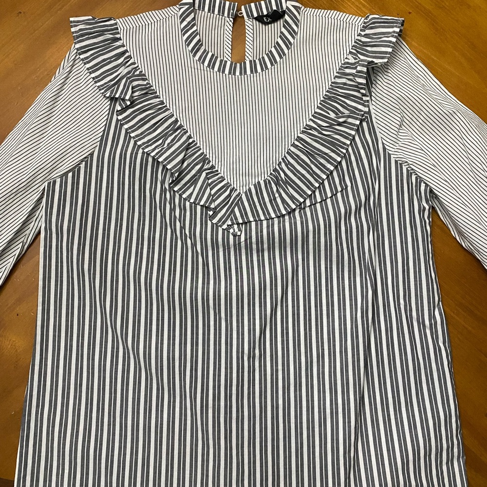 Express Striped Grey and White Ruffle Top